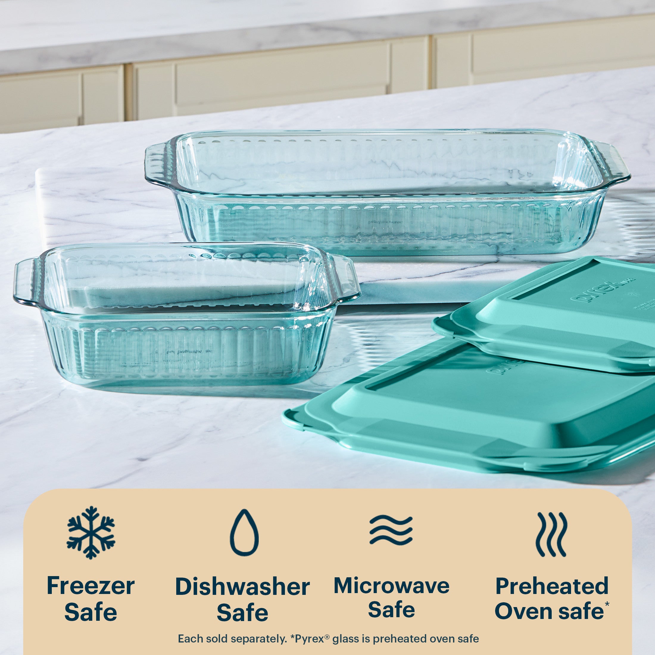 Pyrex® Sculpted Tinted Glass 3QT Oblong Baking Dish with Lid, Aqua - 图片 4