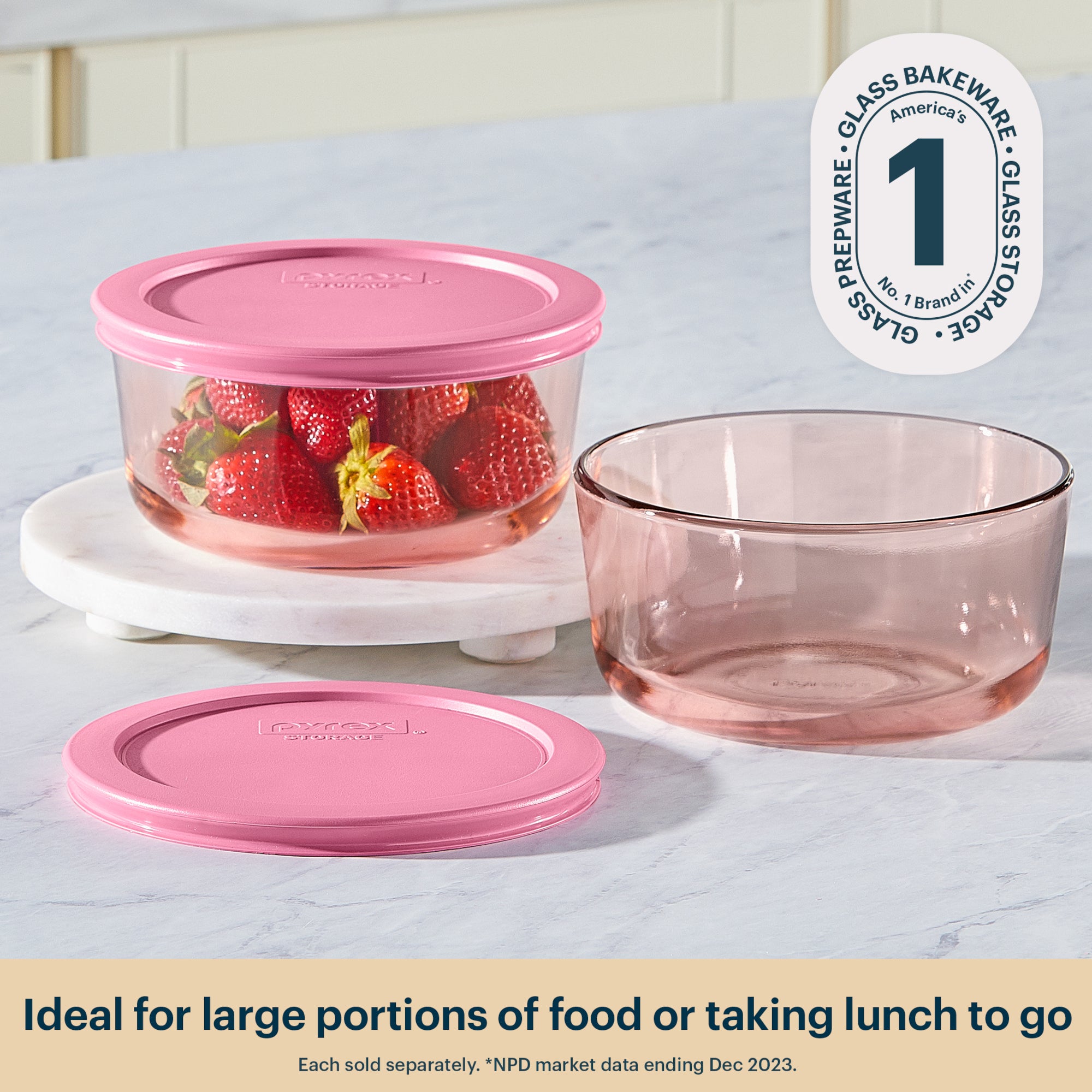 Pyrex® Simply Store® Tinted Glass 4-cup Round Storage Container with Lid, Pink - 图片 3