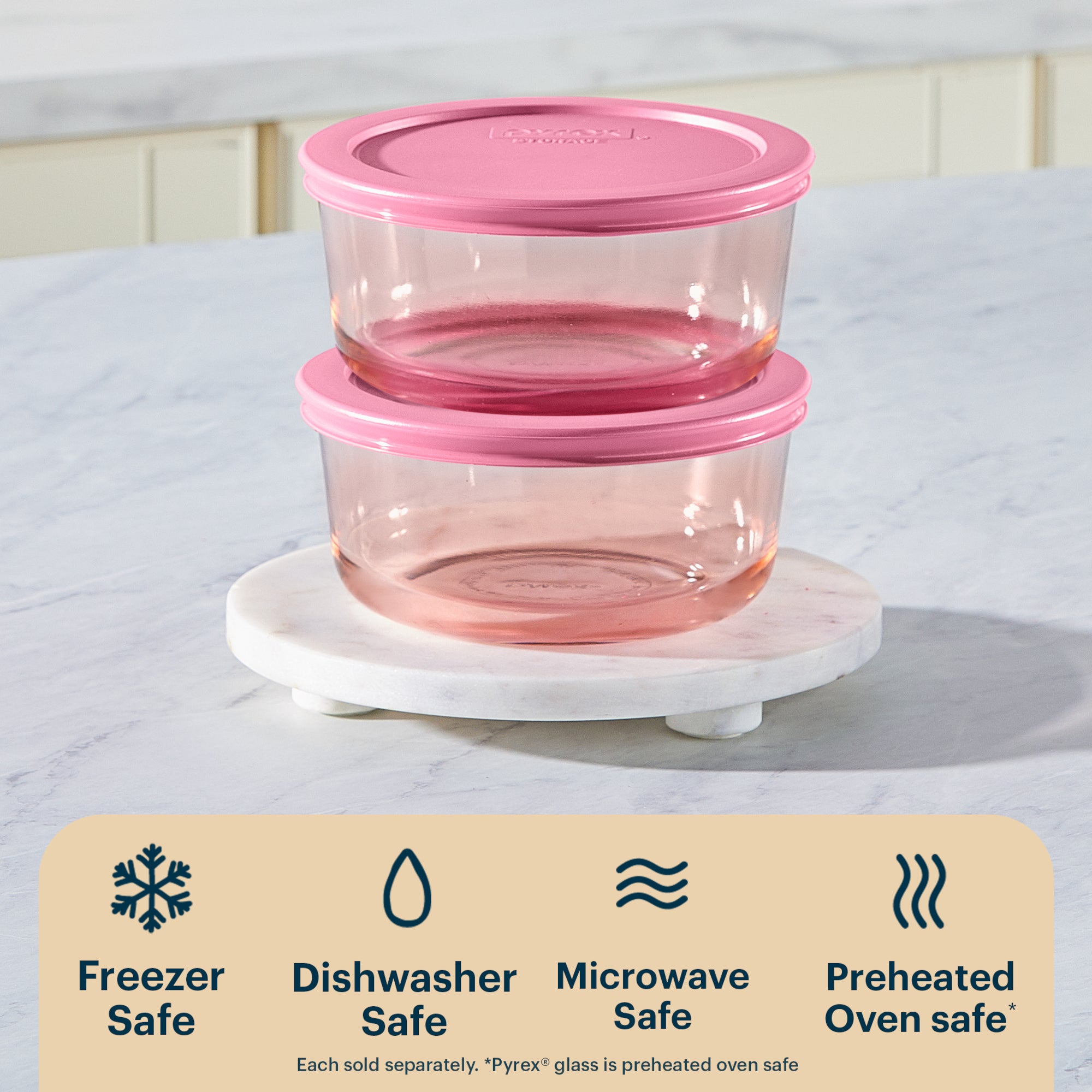 Pyrex® Simply Store® Tinted Glass 4-cup Round Storage Container with Lid, Pink - 图片 4