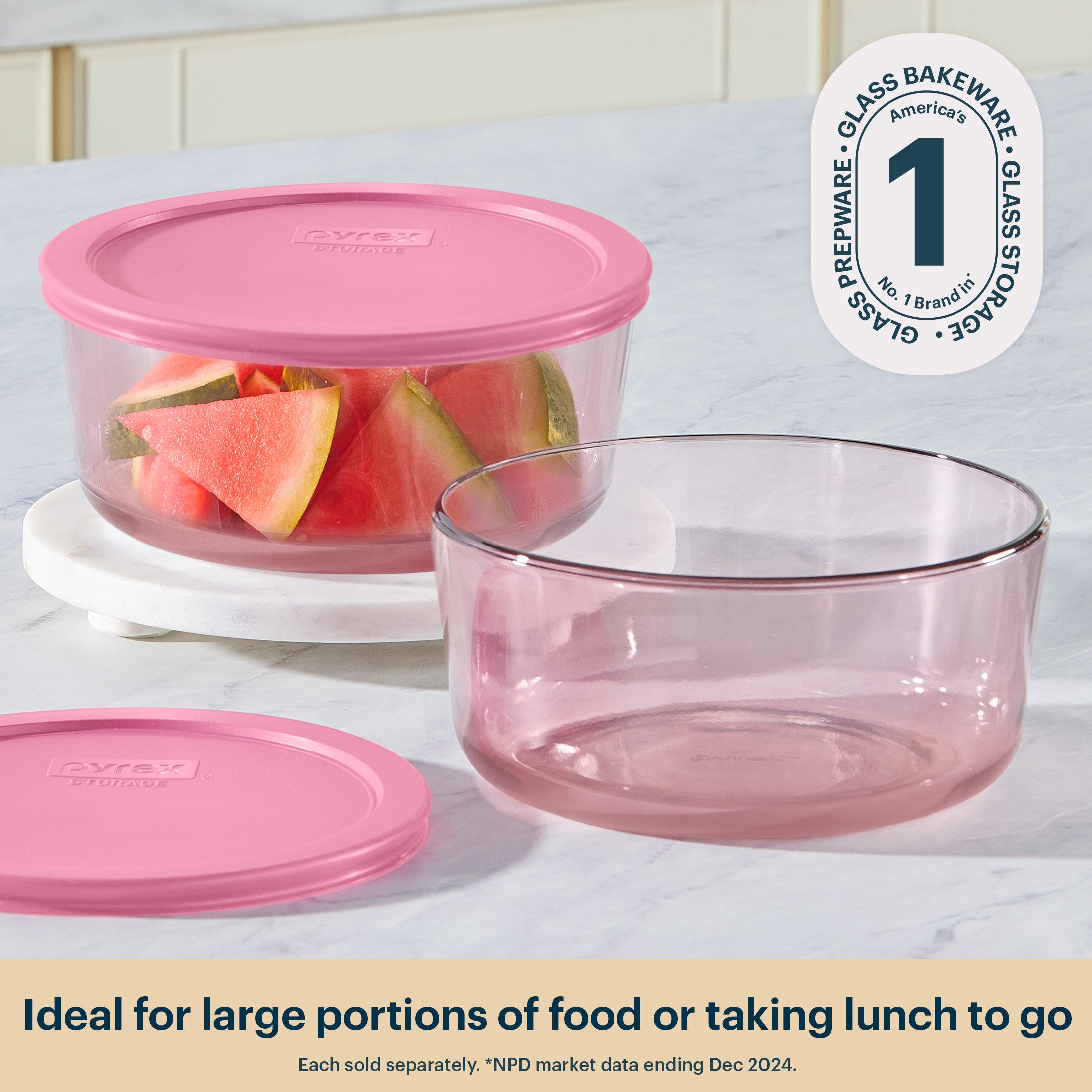 Pyrex® Simply Store® Tinted Glass 7-cup Round Storage Container with Lid, Pink - 图片 3