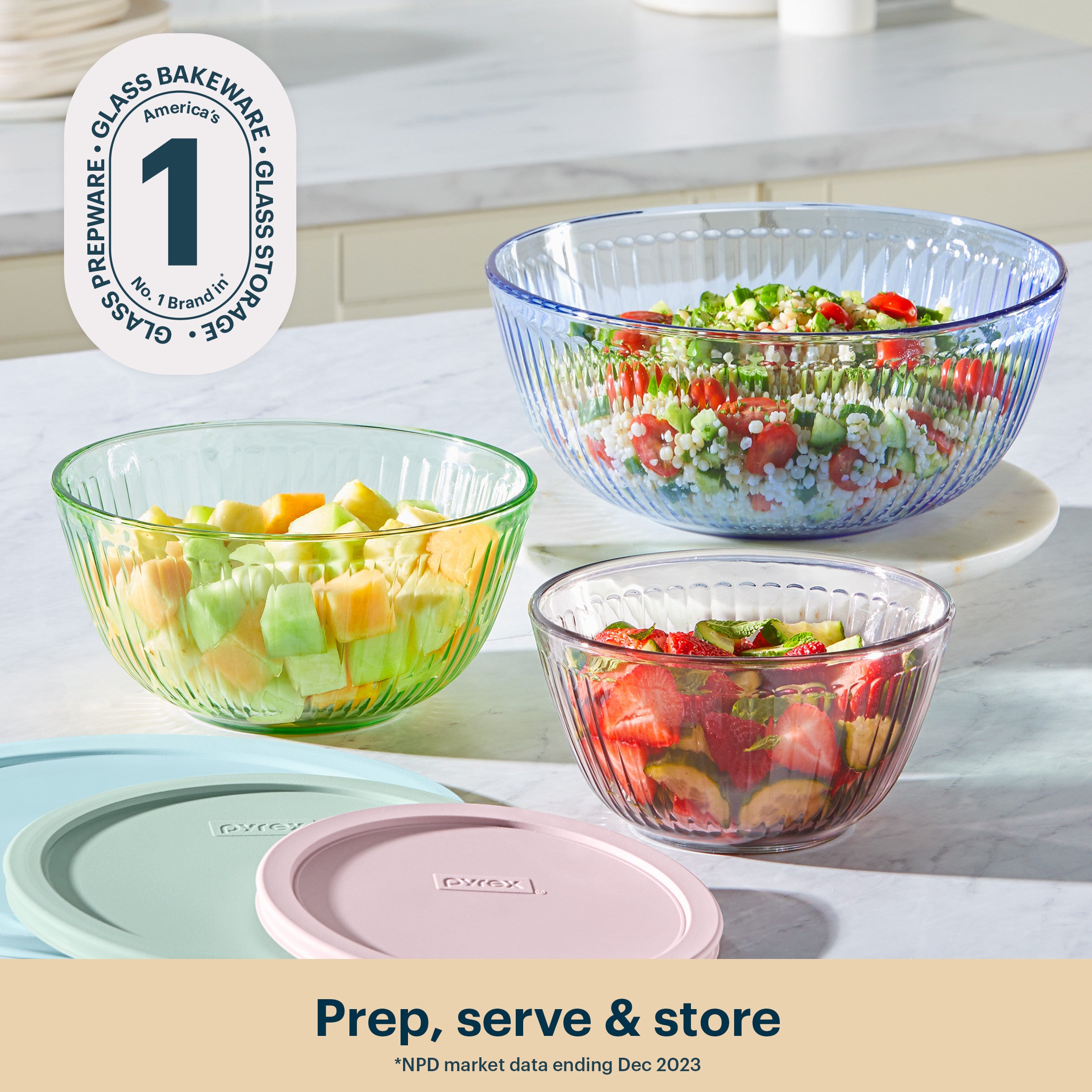 Pyrex® Sculpted Tinted Glass Mixing Bowls with Lids, 6-pc Set, Mixed Colors - 图片 2