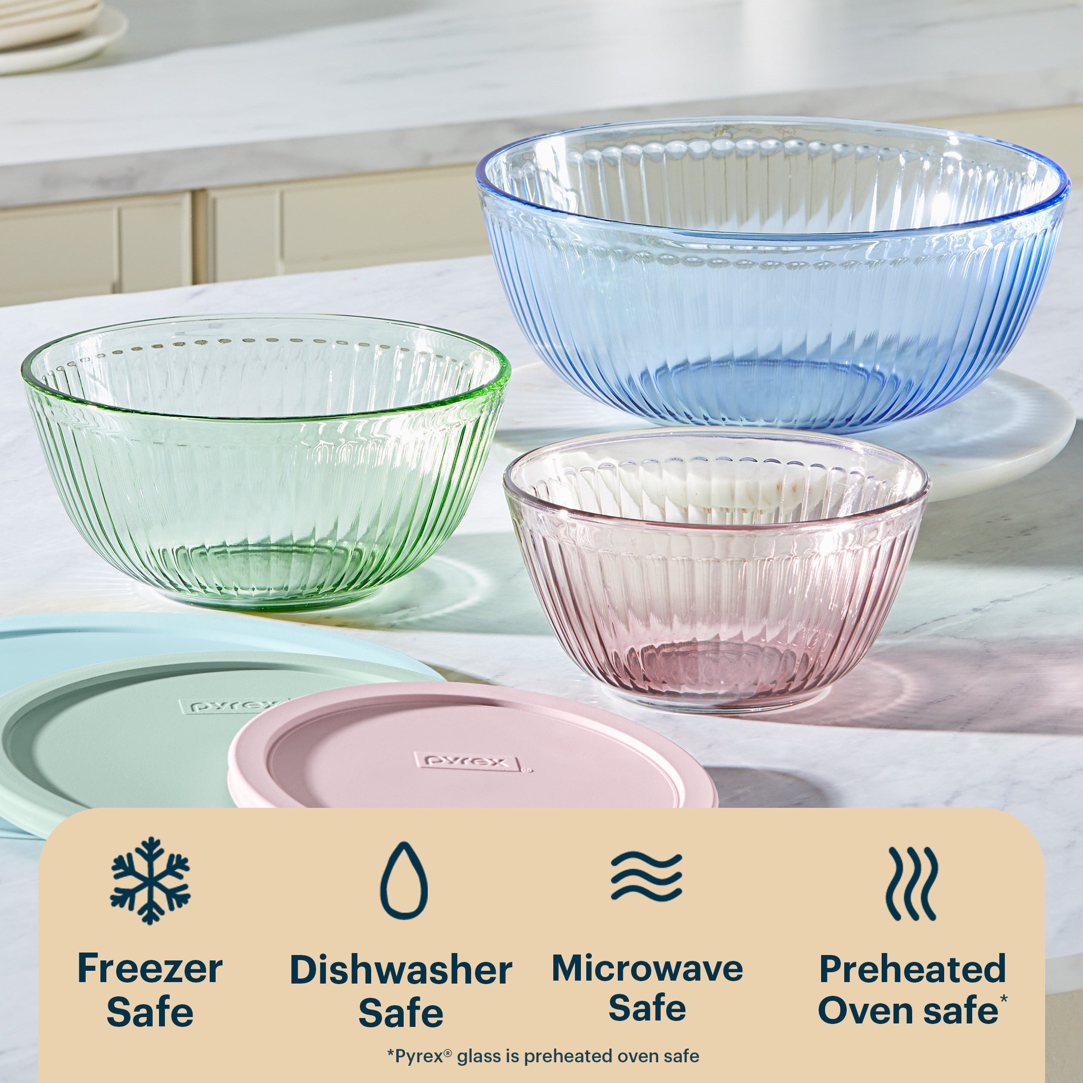 Pyrex® Sculpted Tinted Glass Mixing Bowls with Lids, 6-pc Set, Mixed Colors - 图片 4