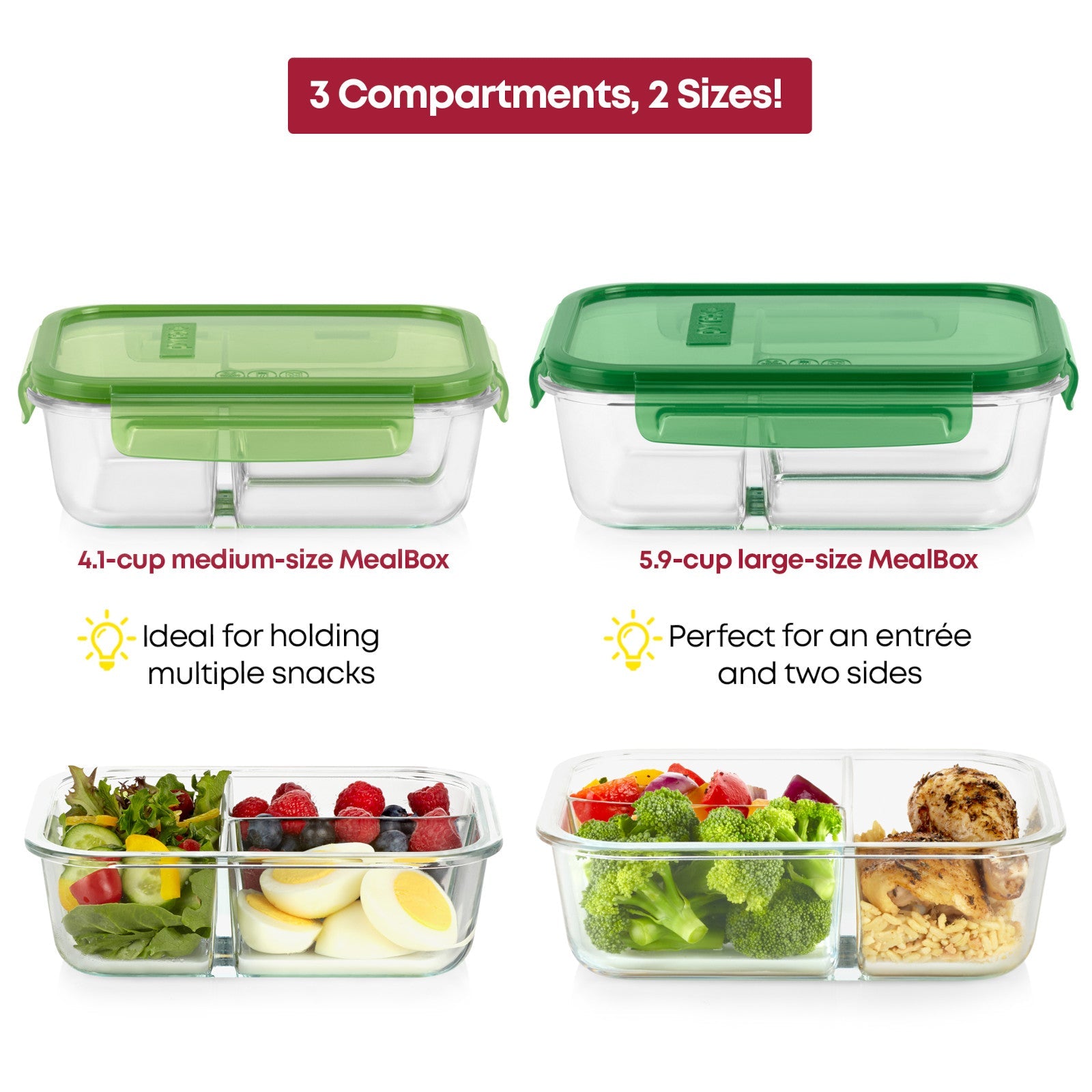 Pyrex® MealBox™ 4-cup Divided Glass Food Storage Container with Green Lid - 图片 4