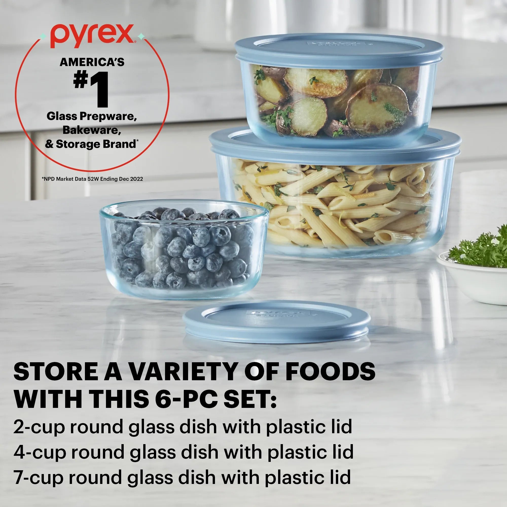 Pyrex® Simply Store® Tinted 6-piece Round Storage Set with Blue Plastic Lids - 图片 2