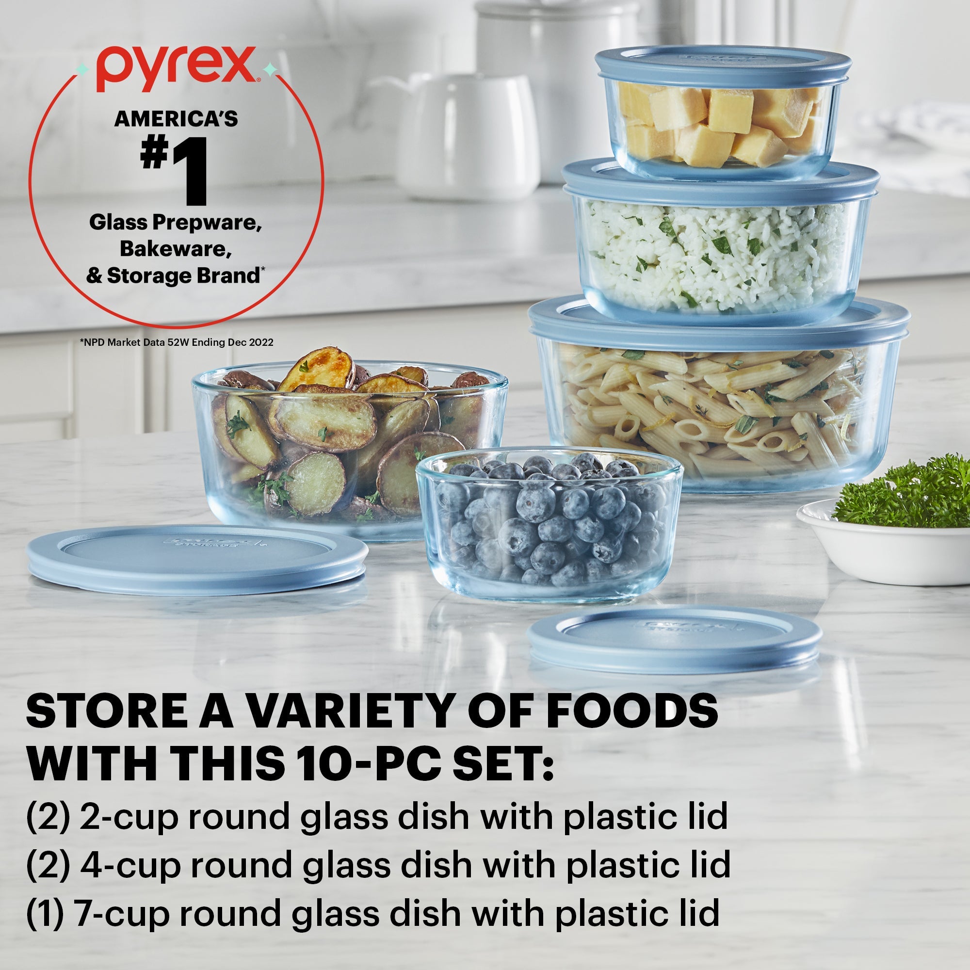 Pyrex® Simply Store® Tinted 10-piece Round Storage Set with Blue Plastic Lids - 图片 2