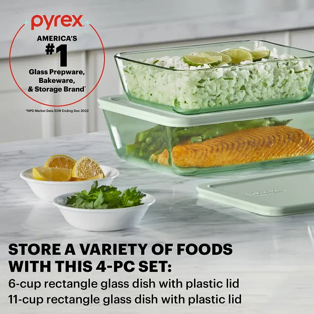 Pyrex® Simply Store® Tinted 4-piece Rectangle Storage Set with Green Plastic Lids - 图片 2