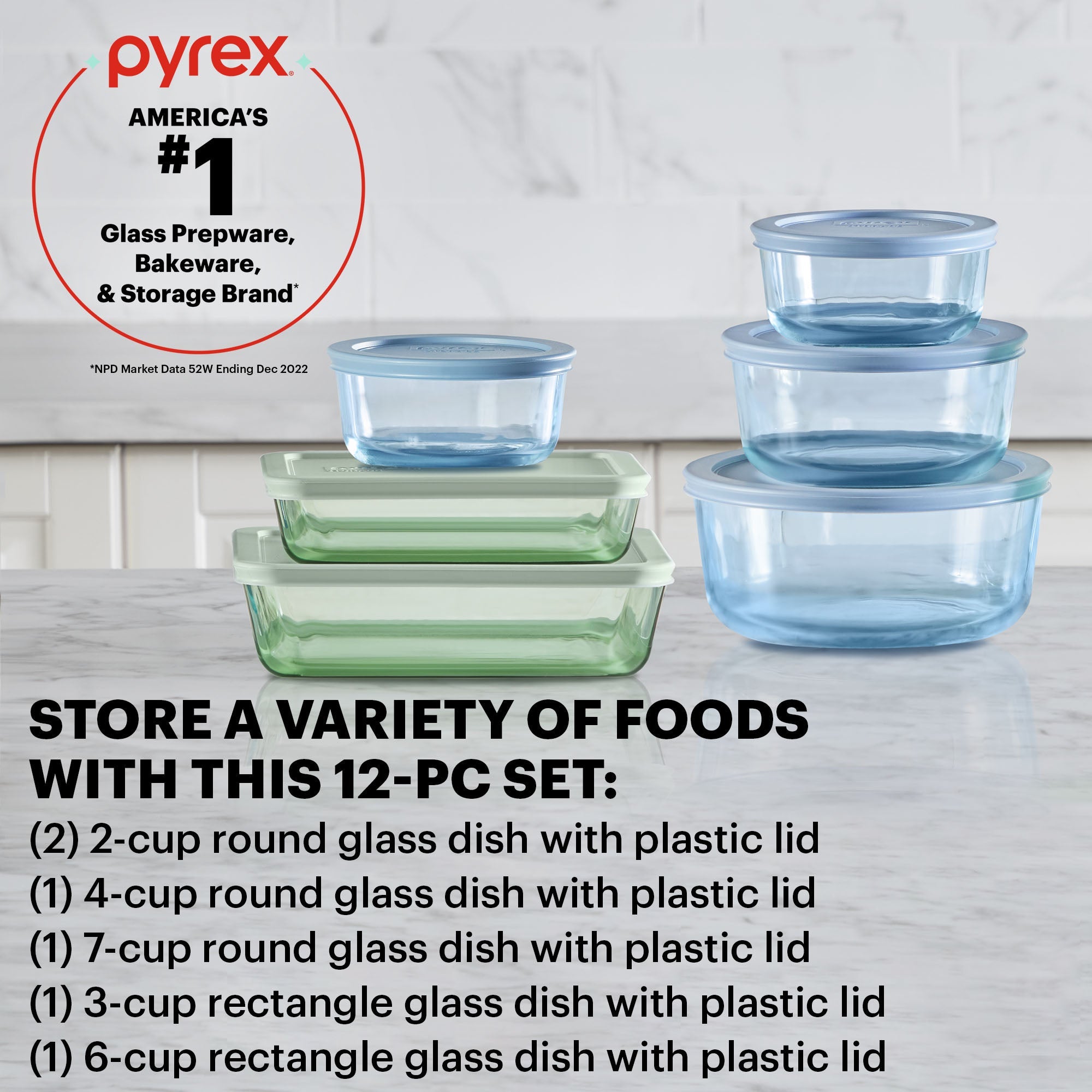Pyrex® Simply Store® Tinted 12-piece Storage Set with Plastic Lids, Green and Blue - 图片 2