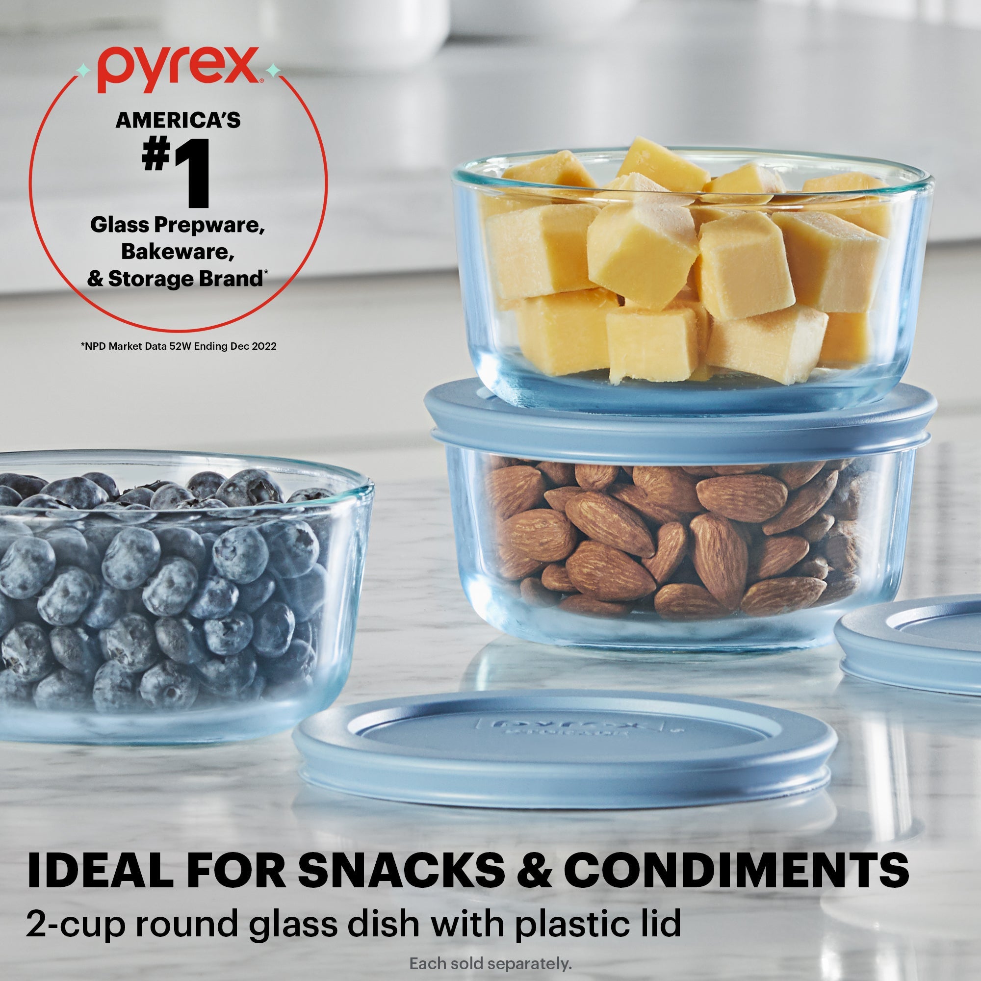 Pyrex® Simply Store® Tinted 2-cup Round Storage with Plastic Lid, Blue - 图片 2